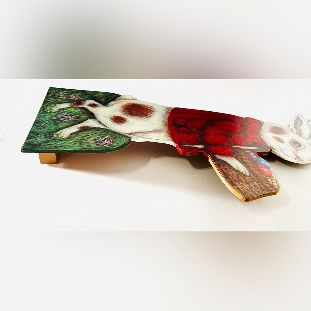 Bethany Lowe White Rabbit in Red Coat w/ Easter Basket Wooden Display Figure - Picture 5 of 6